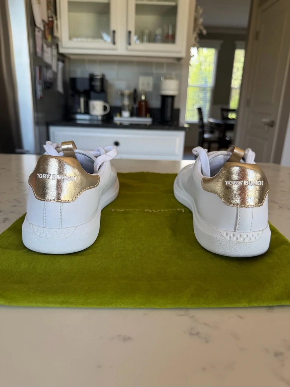 Tory Burch White Leather Sneakers with Gold Heel and Tongue Trim